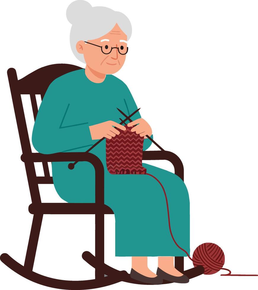 Elderly woman knitting in a rocking chair, flat illustration vector