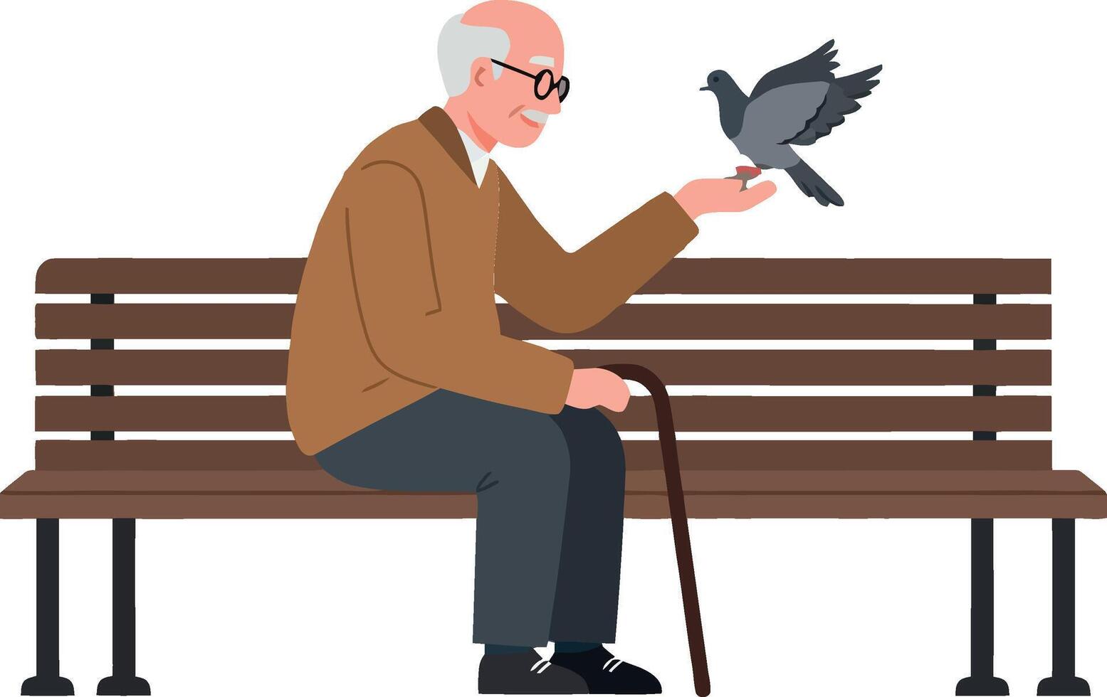 Elderly man feeding a bird on a park bench flat art vector