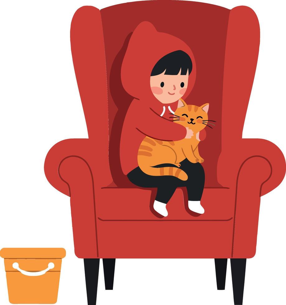 Child sitting in a red chair with a cat flat illustration vector