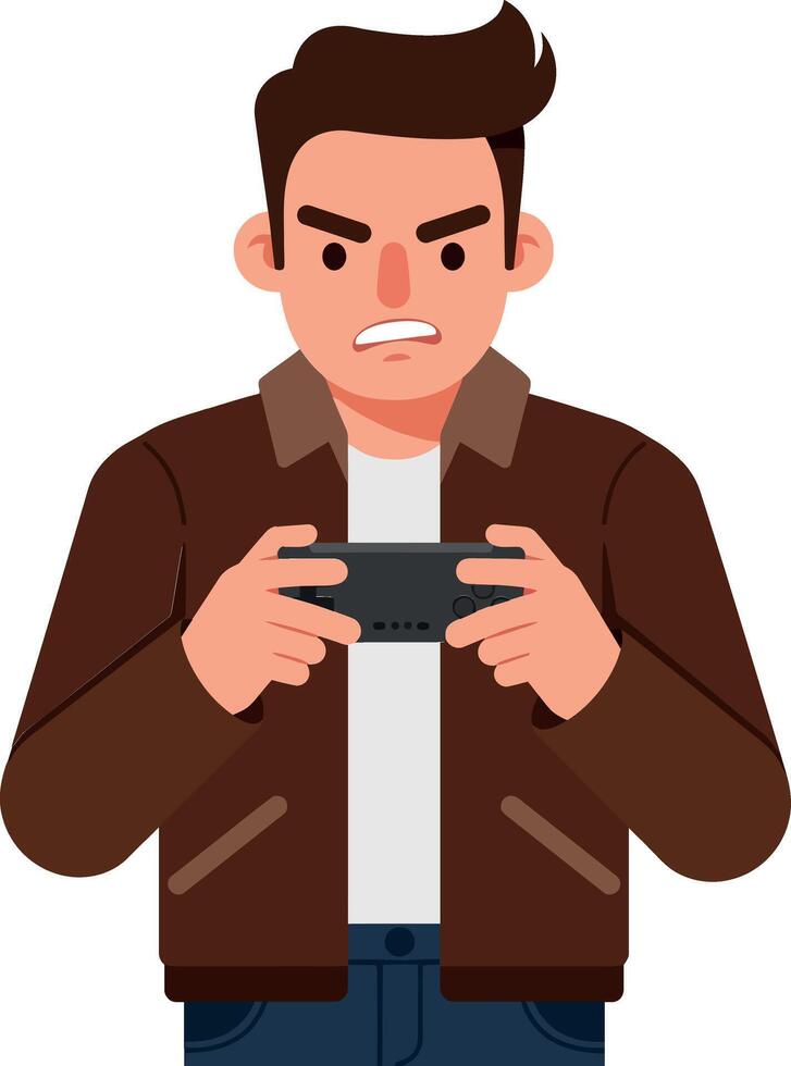 Young man intensely focused on gaming in flat art vector