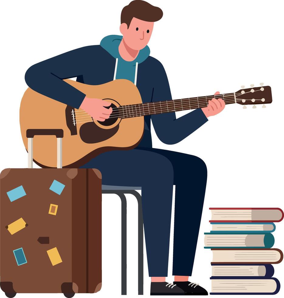 Young man playing guitar with suitcase and books in flat art vector