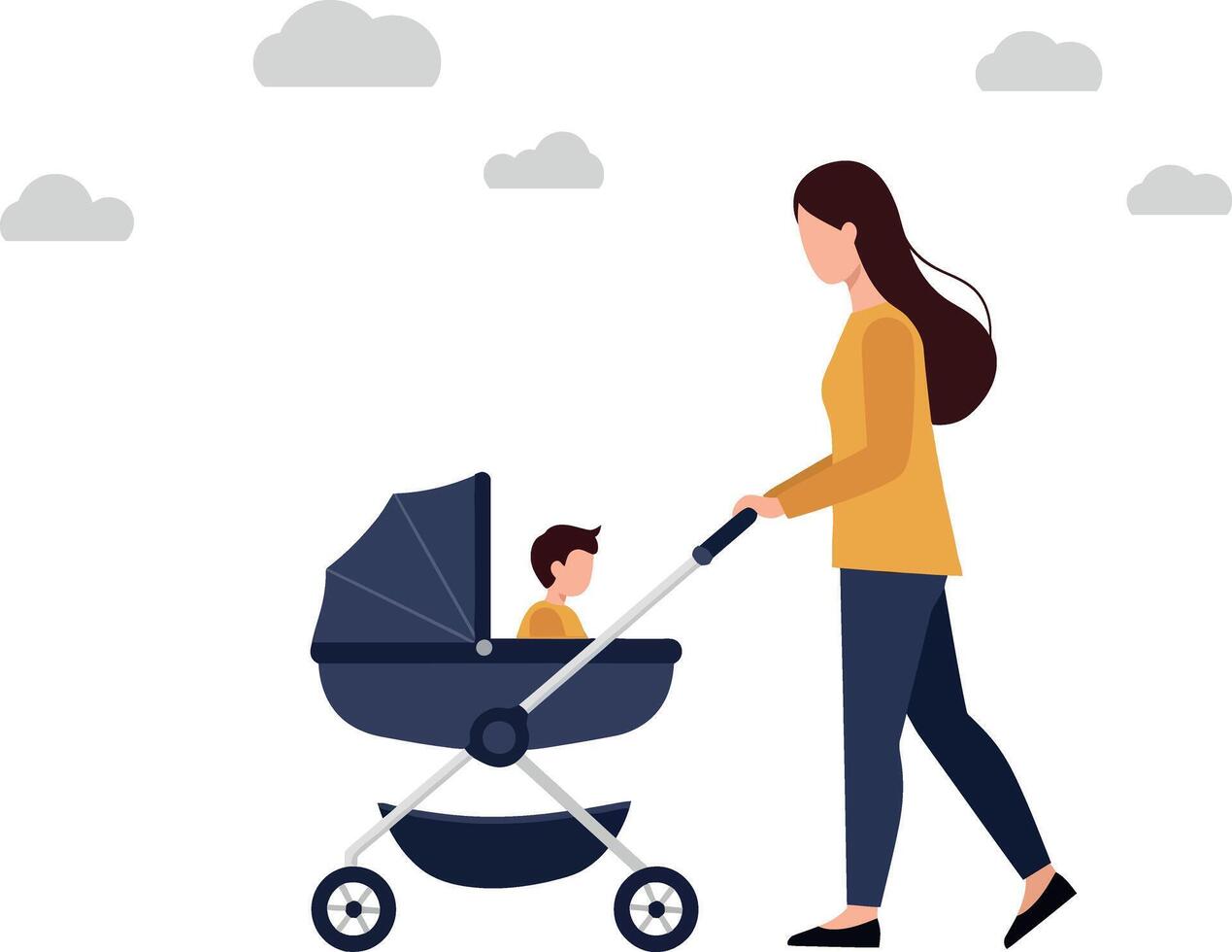 Mother pushing stroller with child in a flat illustration vector