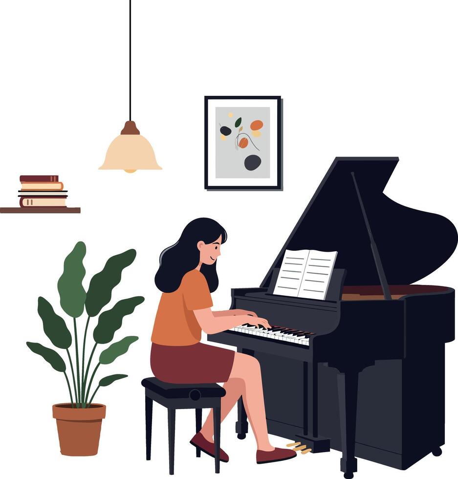 Woman playing grand piano in minimal interior illustration vector
