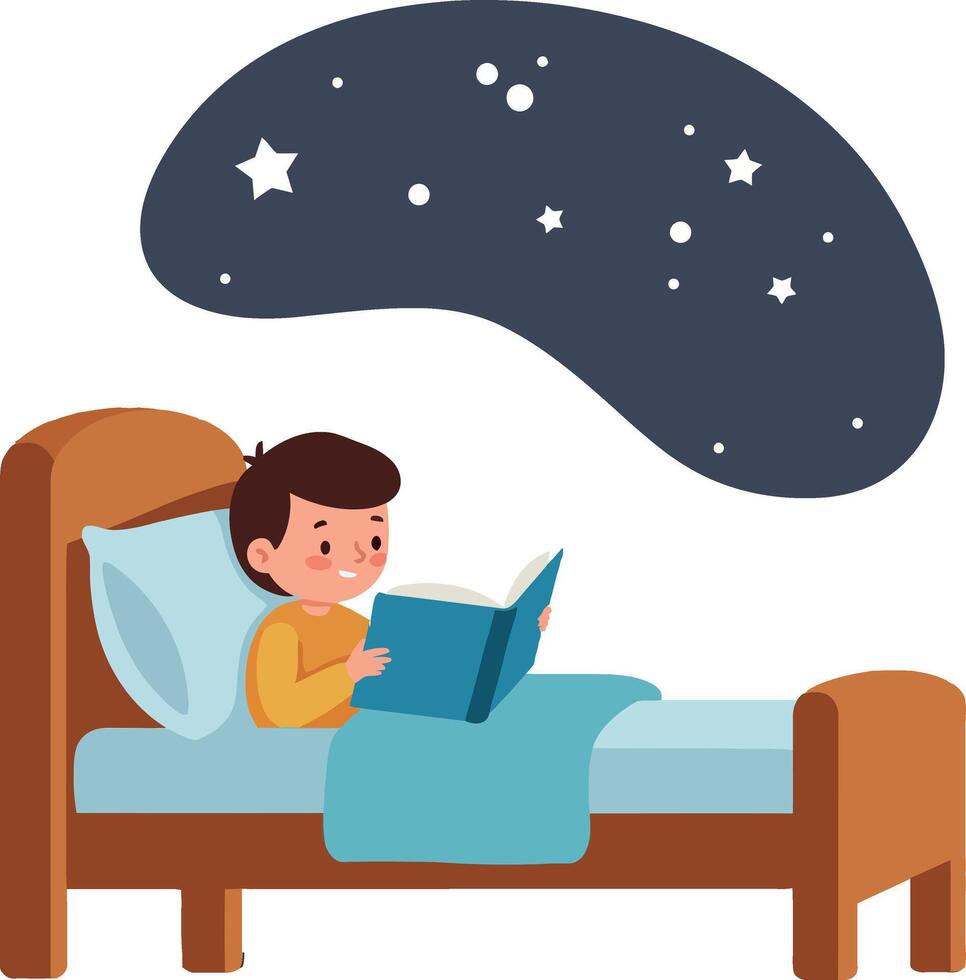 Young boy reading a book in bed with stars flat illustration vector