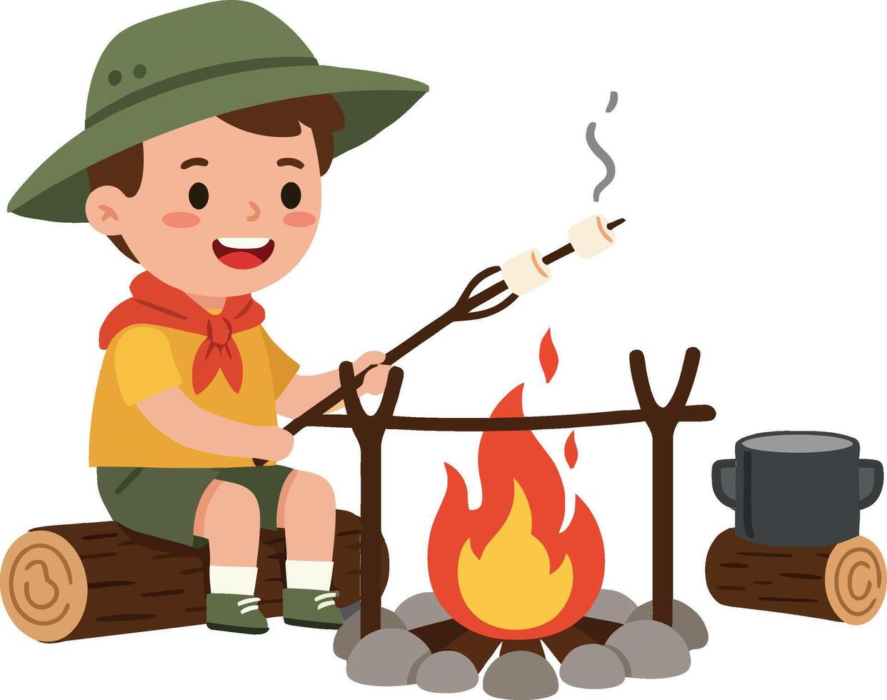 Happy boy roasting marshmallow over campfire in flat art vector