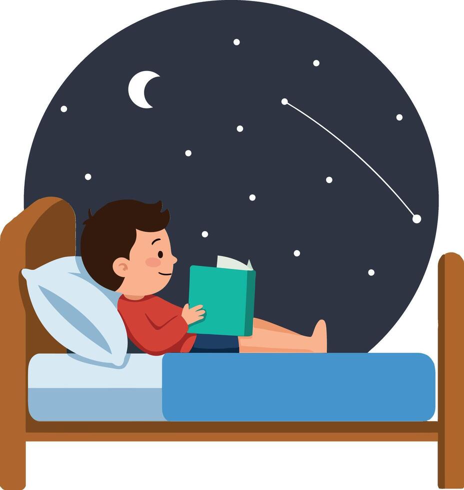 Boy reading book in bed with night sky and stars flat illustration vector