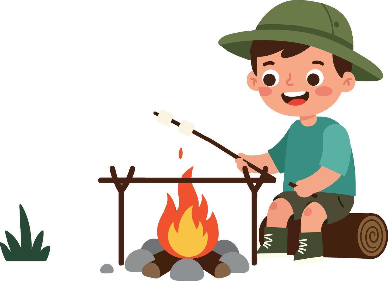 Happy child roasting marshmallows over a campfire in flat art vector