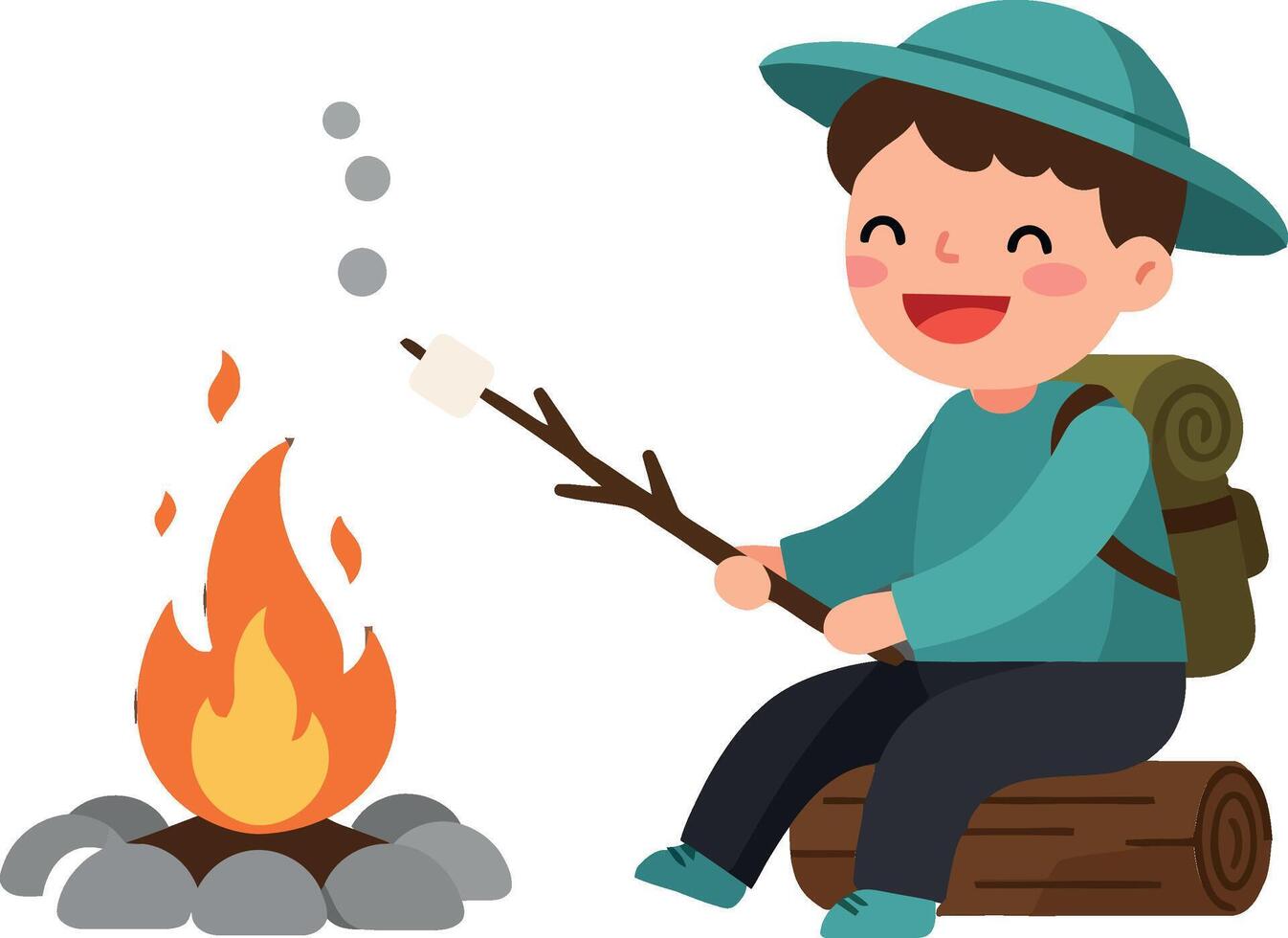 Happy camper roasting marshmallows by a campfire in flat art vector