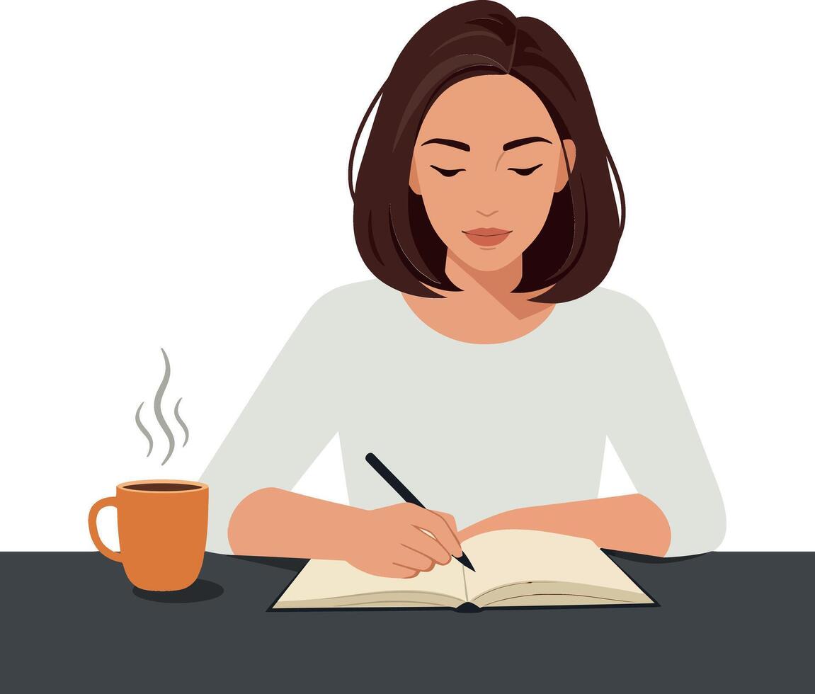 Woman writing in notebook with coffee cup in flat art vector