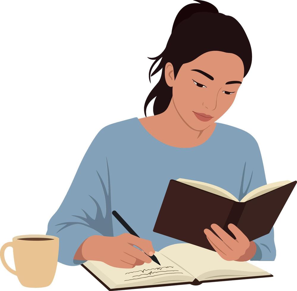 Woman reading a book while writing notes in minimal illustration vector