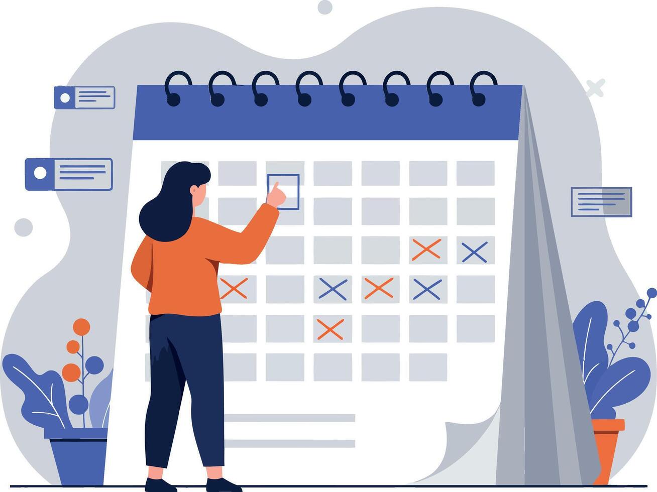 Person interacting with calendar in flat minimal illustration vector