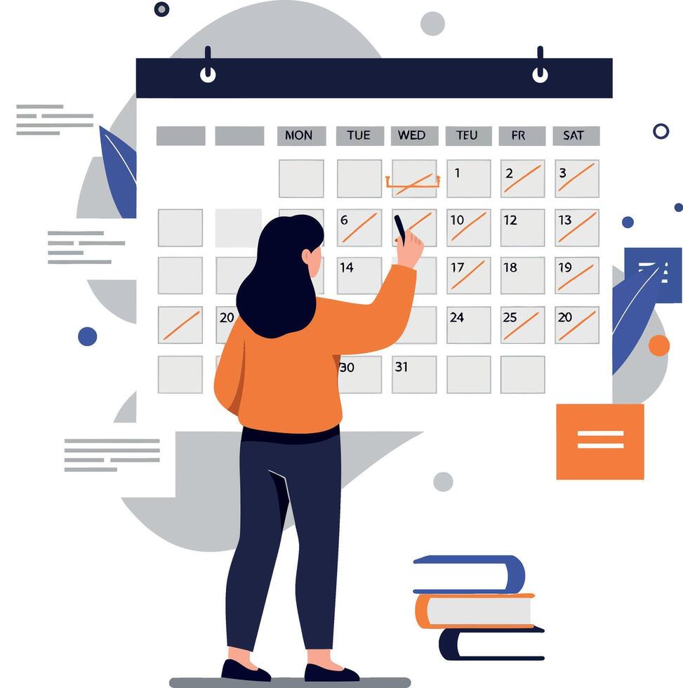Woman interacting with calendar in minimal flat design art vector