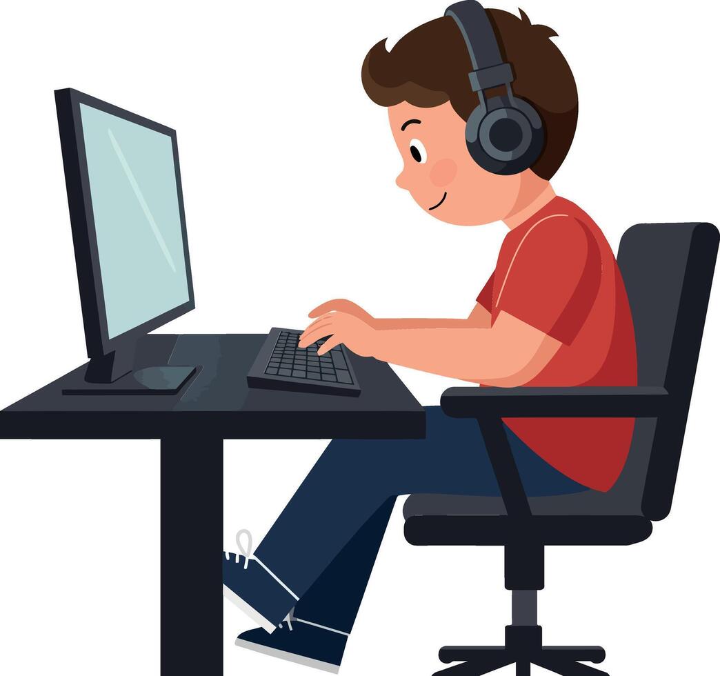 Boy using computer at desk in flat style illustration vector