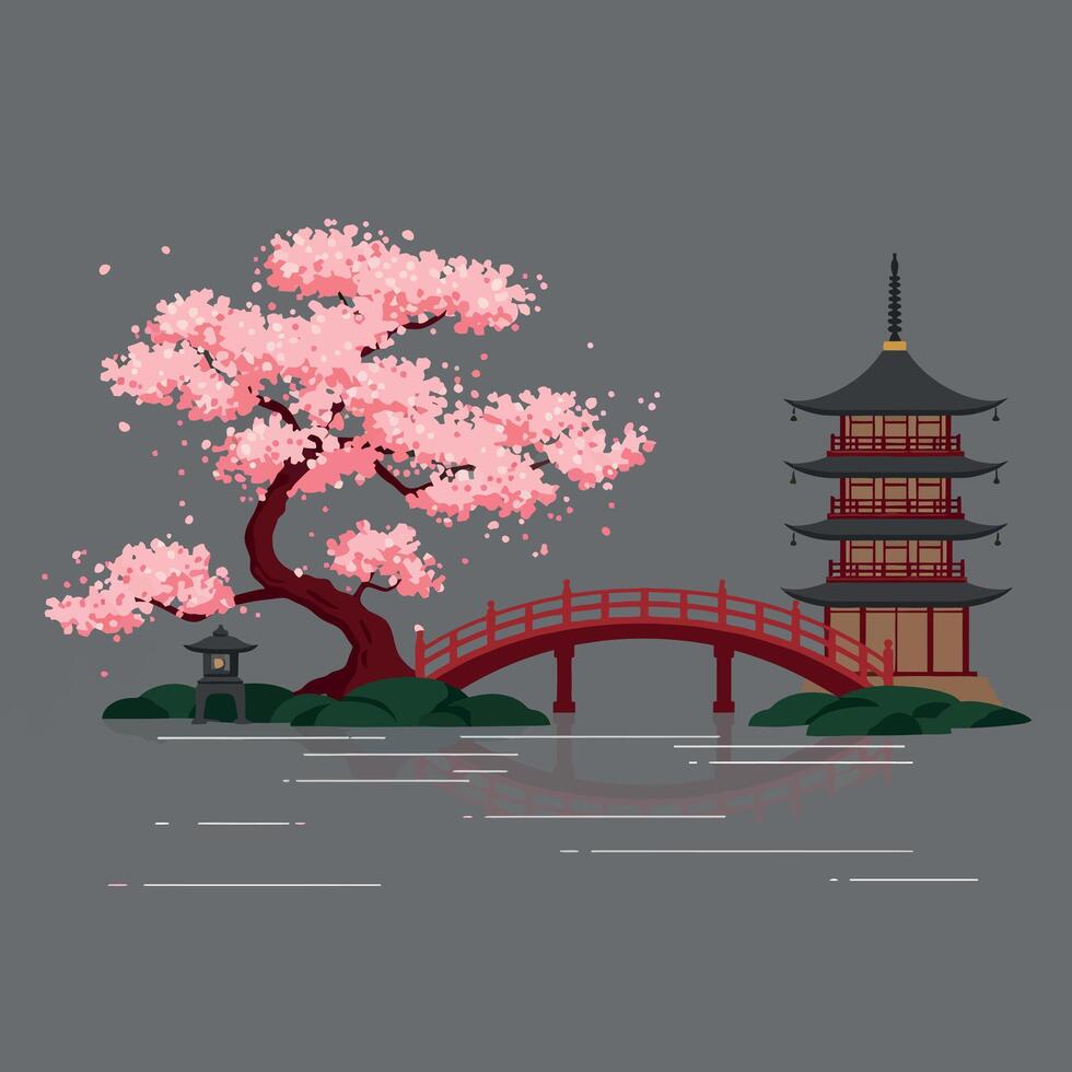 Cherry blossom tree and pagoda in flat art style vector