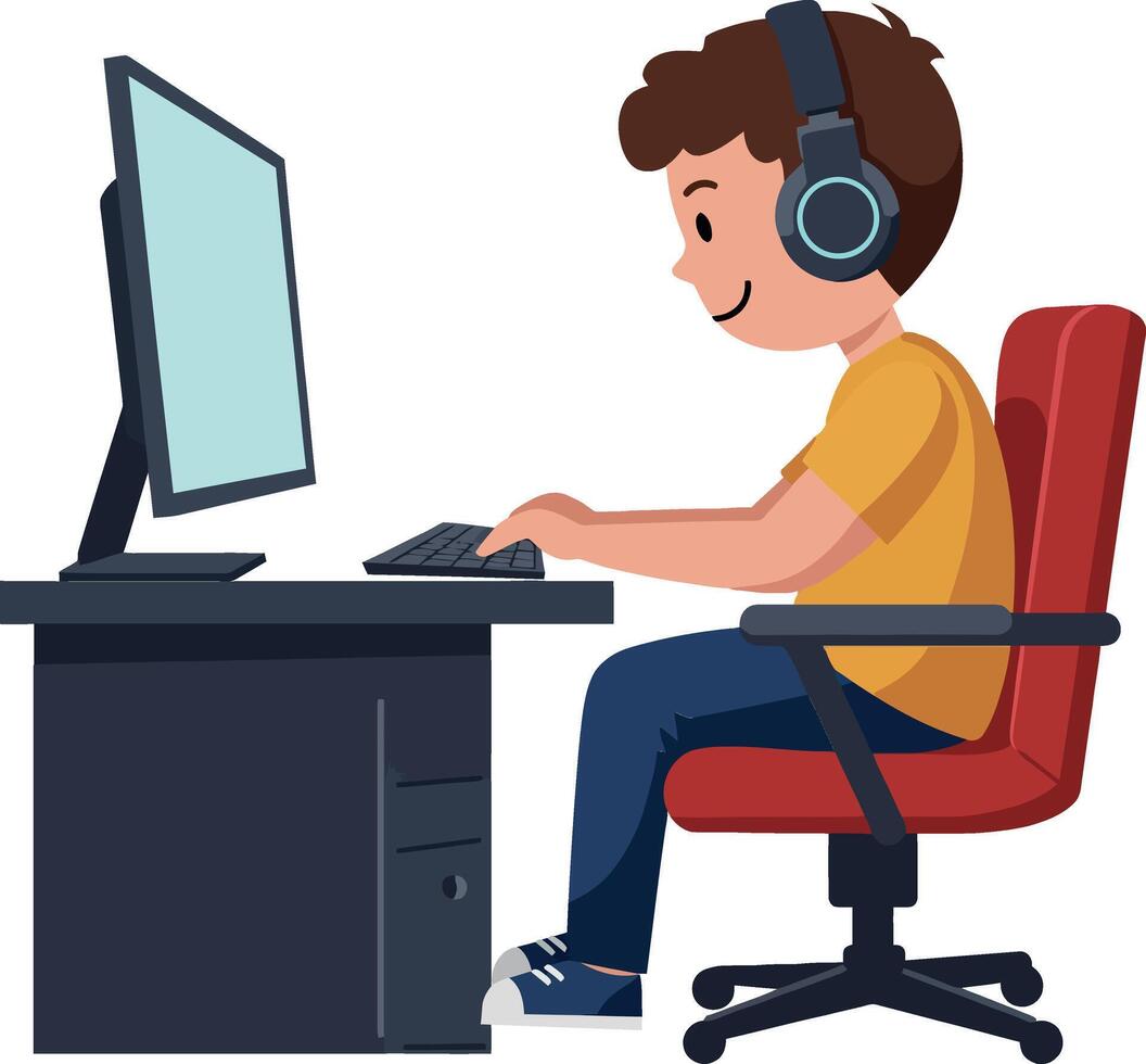 Boy using computer in red chair with headphones flat art vector