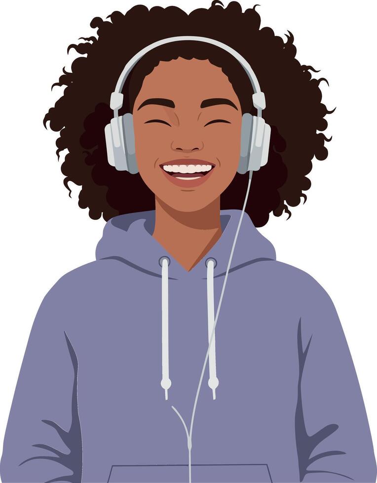 Smiling woman with curly hair wearing headphones in flat art vector