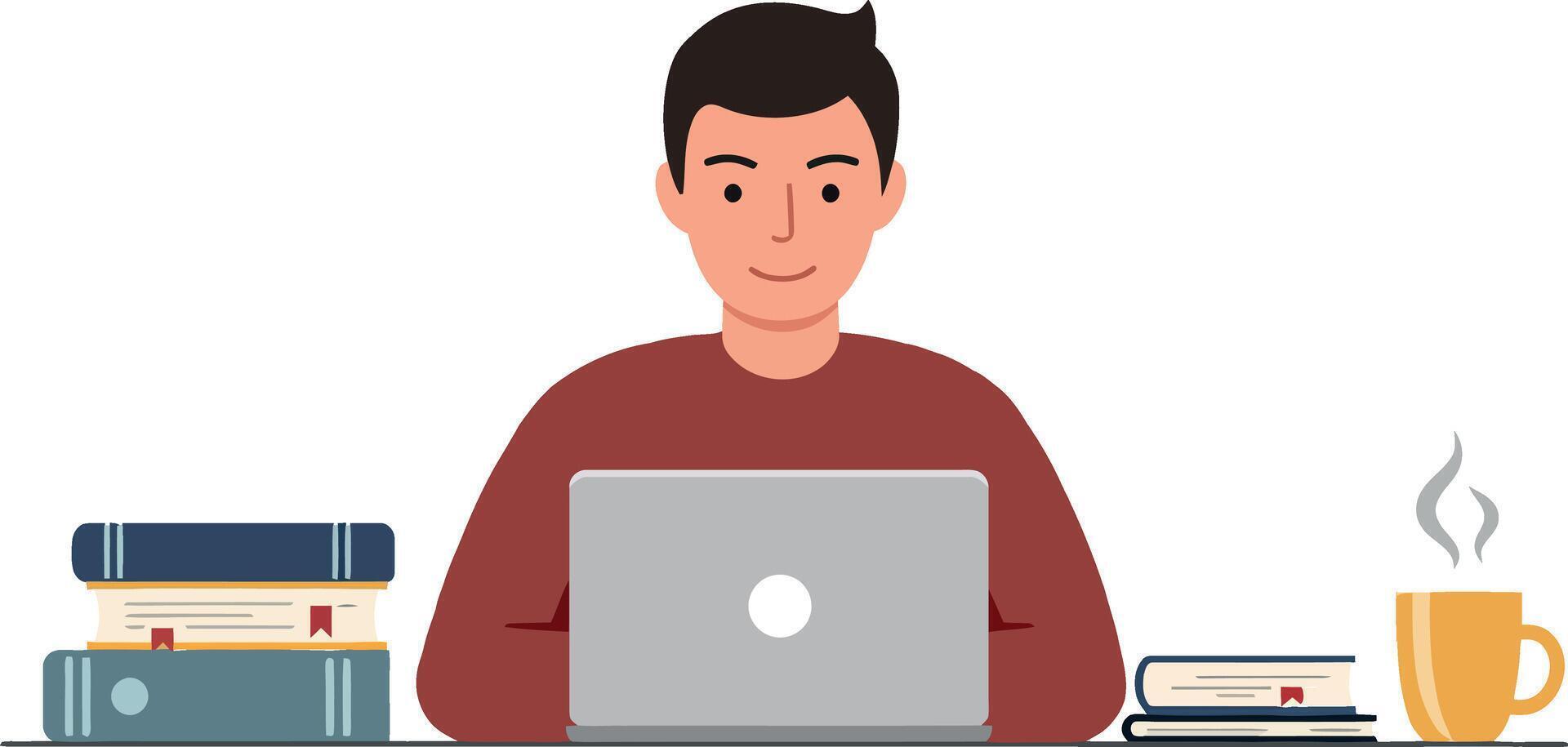 Person working on laptop with coffee and books in flat art vector