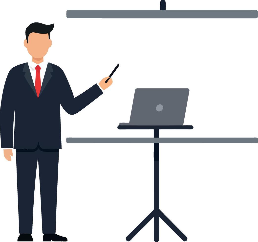 Businessman presenting data with laptop in minimal flat art vector