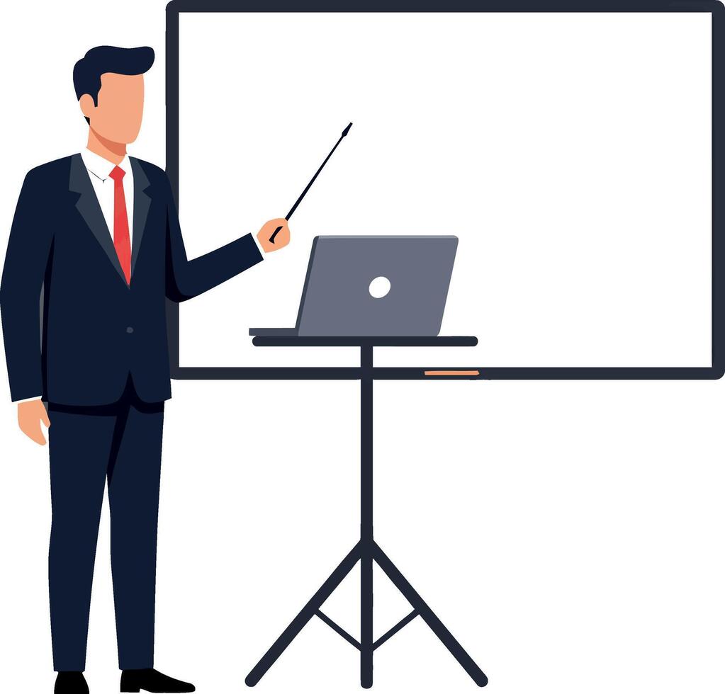 Professional presenter with pointer and laptop in flat art vector