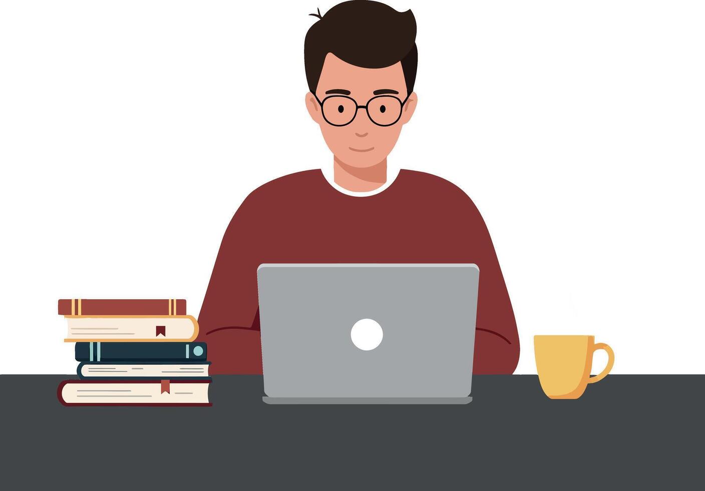 Young man studying at desk with laptop and books in flat art vector