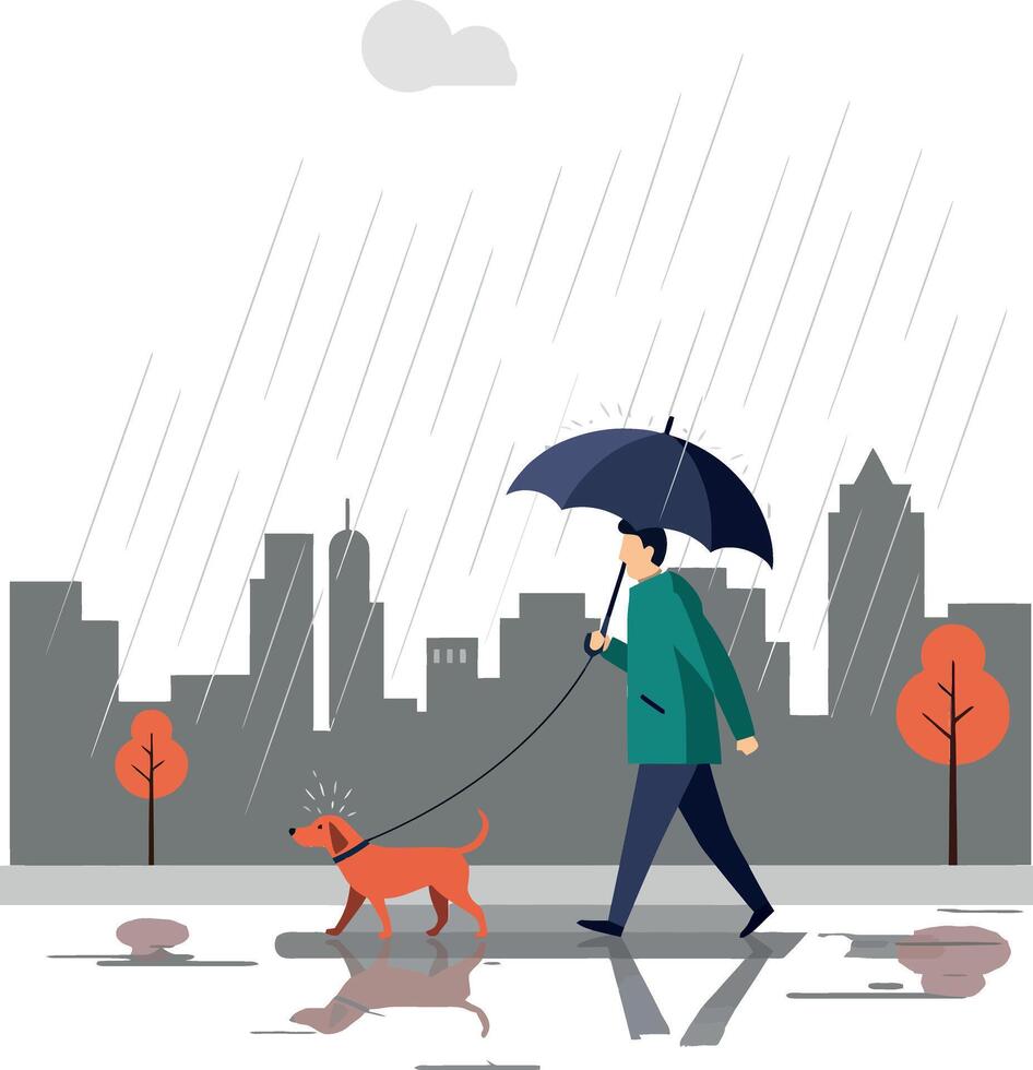 Person walking a dog under an umbrella in flat art vector