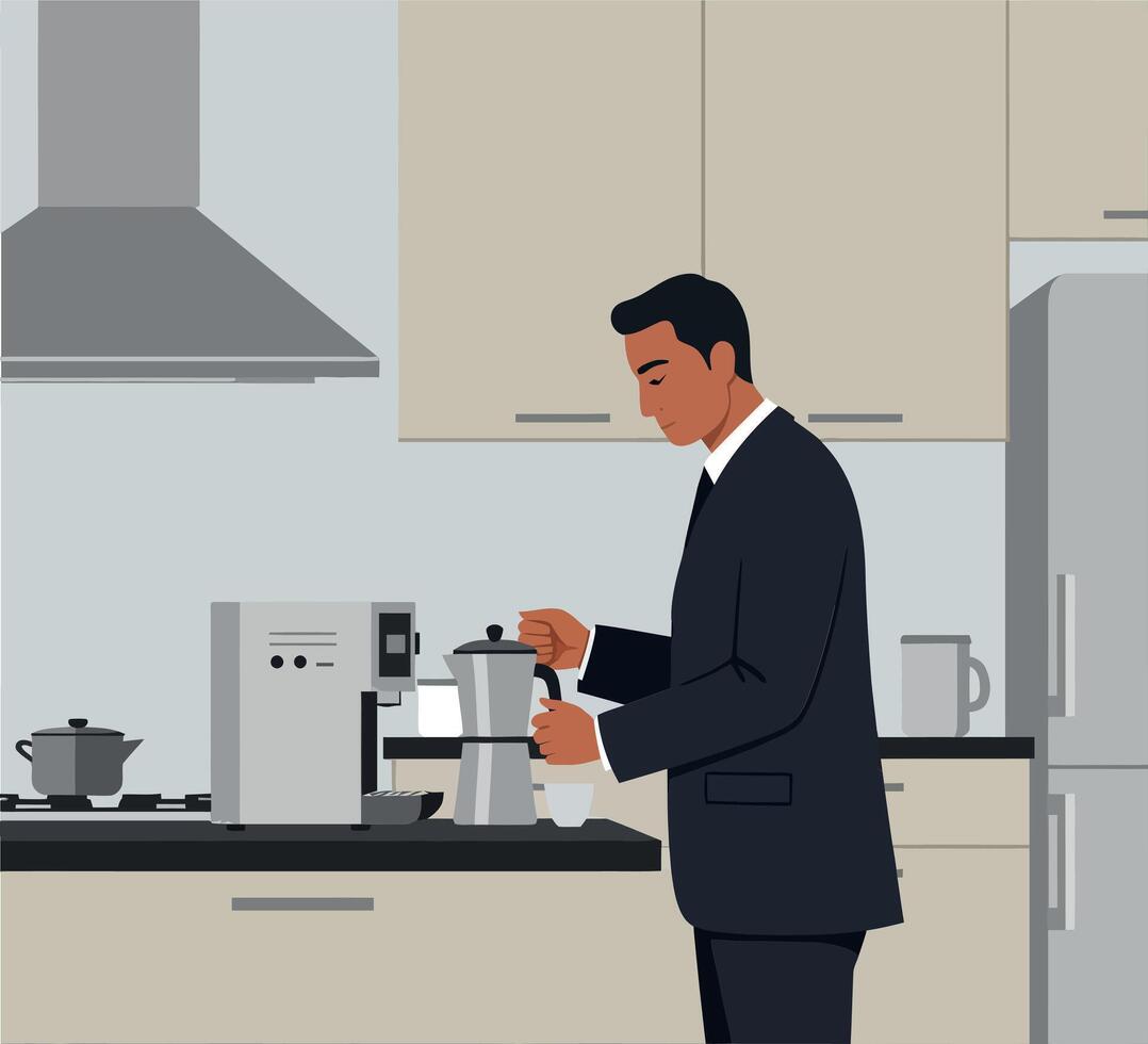 Man making coffee in modern kitchen flat illustration vector