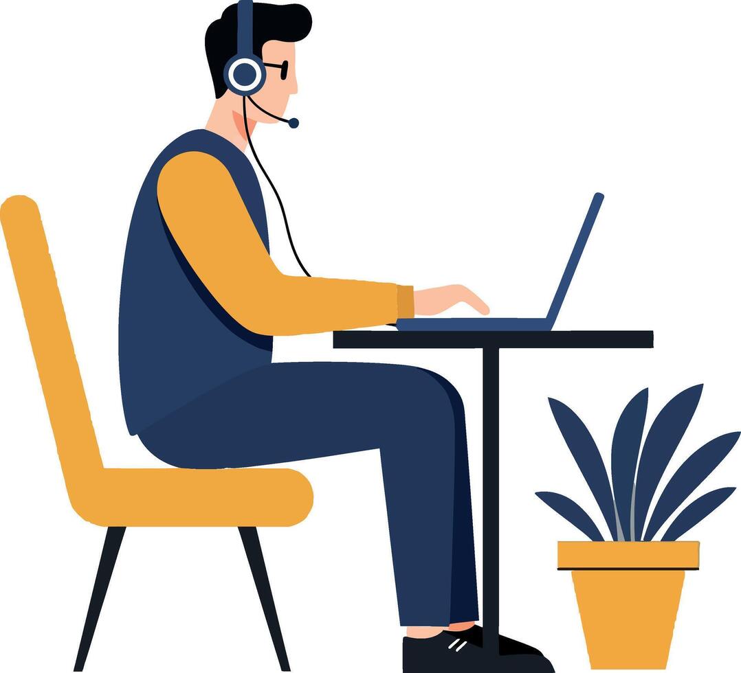 Person wearing headset working at desk in minimal illustration vector