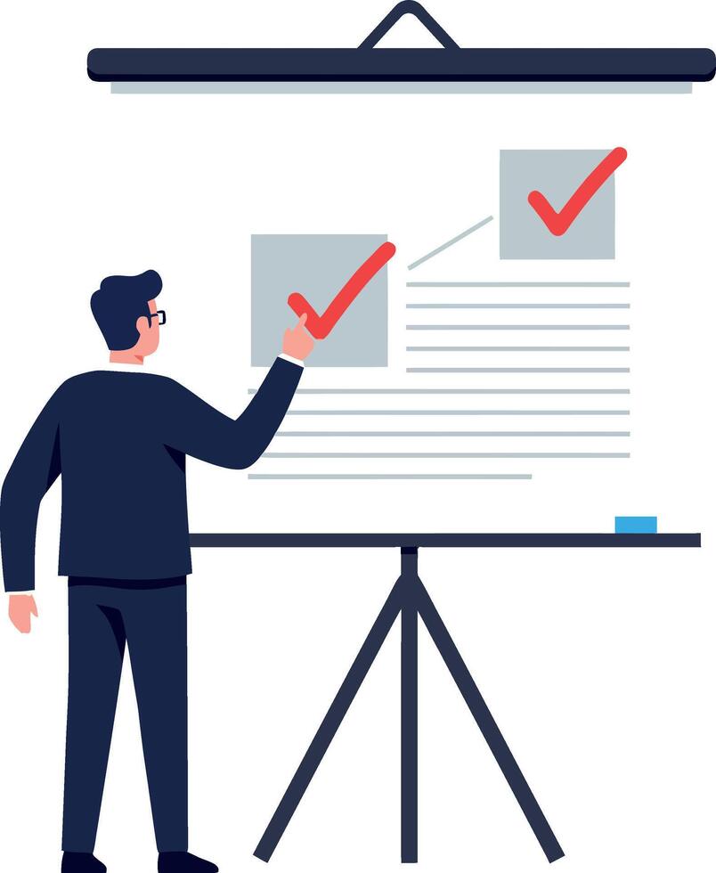 Person marking completed tasks on a presentation board in flat art vector