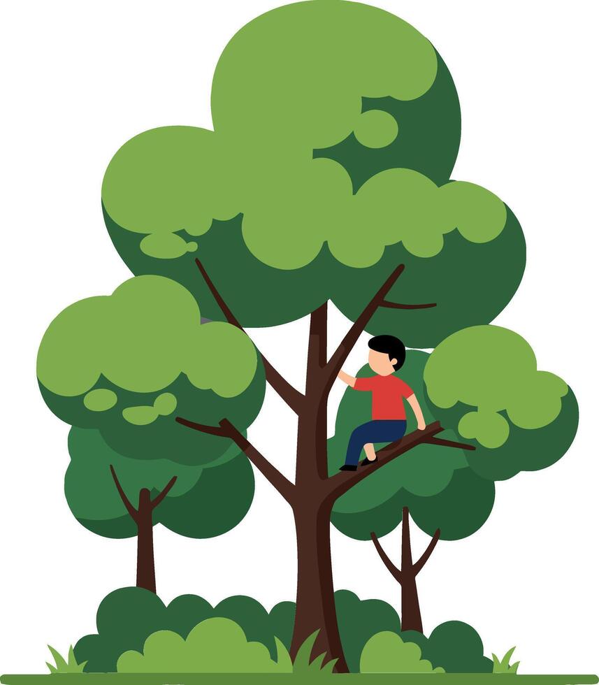 Boy sitting on tree branch in flat green art vector