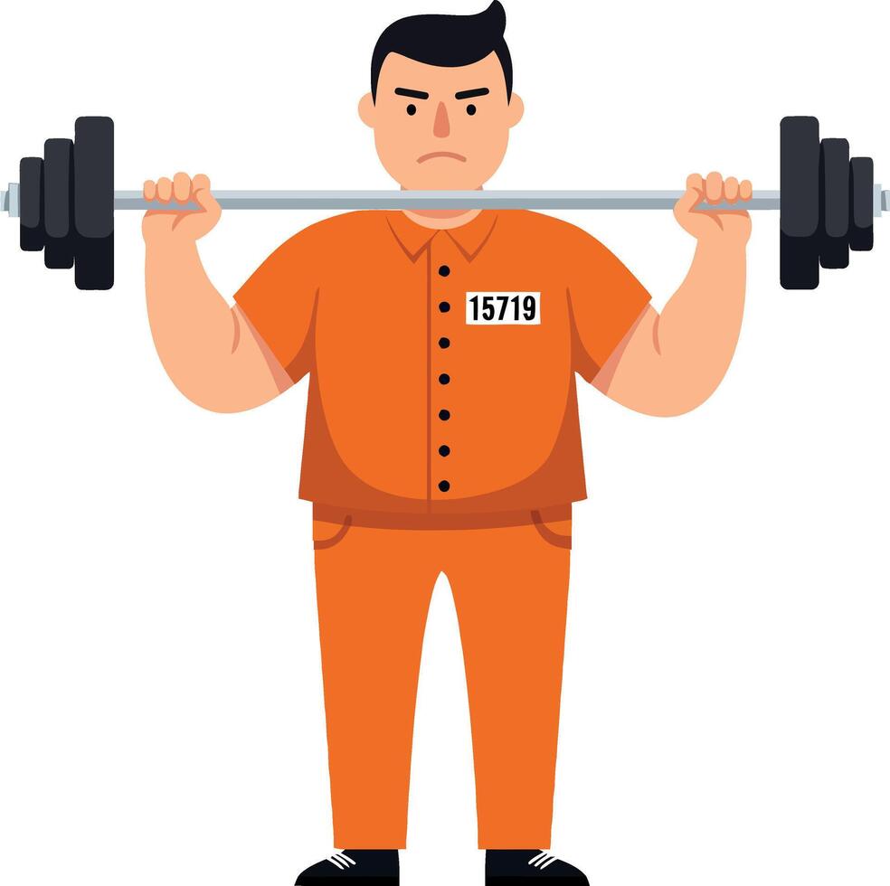 Strong man lifting weights in orange prison jumpsuit flat art vector