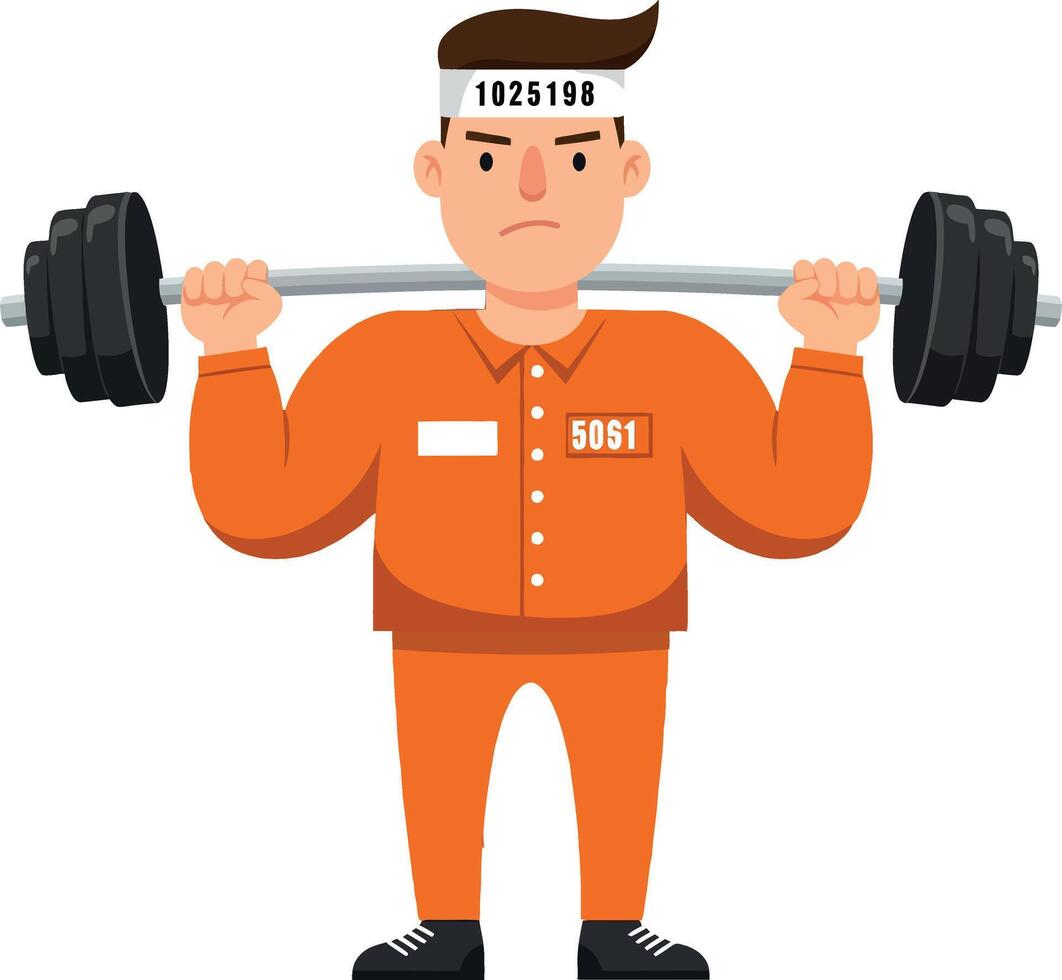 Strong man lifting weights in orange jumpsuit flat illustration vector