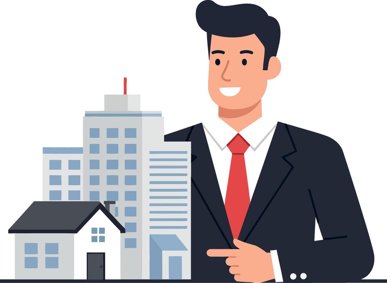Businessman presenting buildings in minimal flat design illustration vector