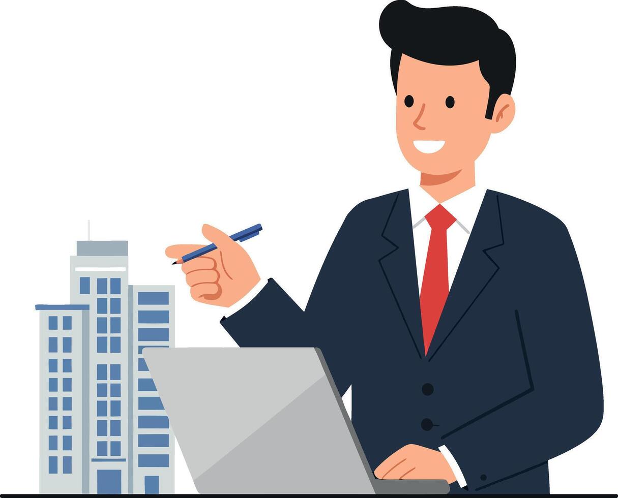 Businessman presenting ideas with laptop and buildings in flat art vector