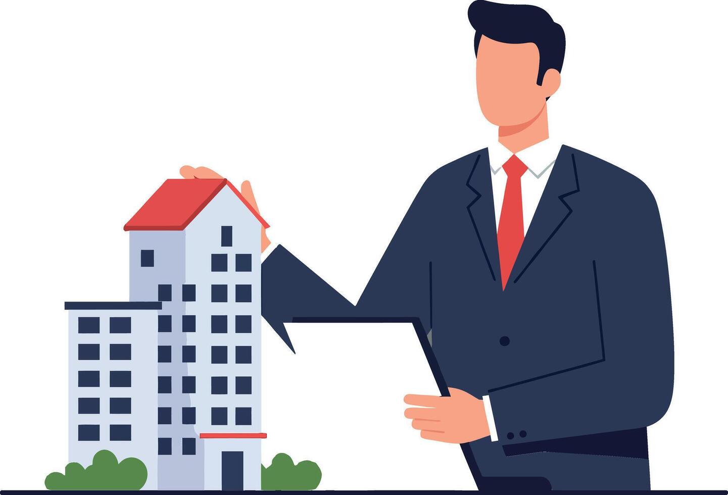 Businessman presenting building model in minimal flat art vector