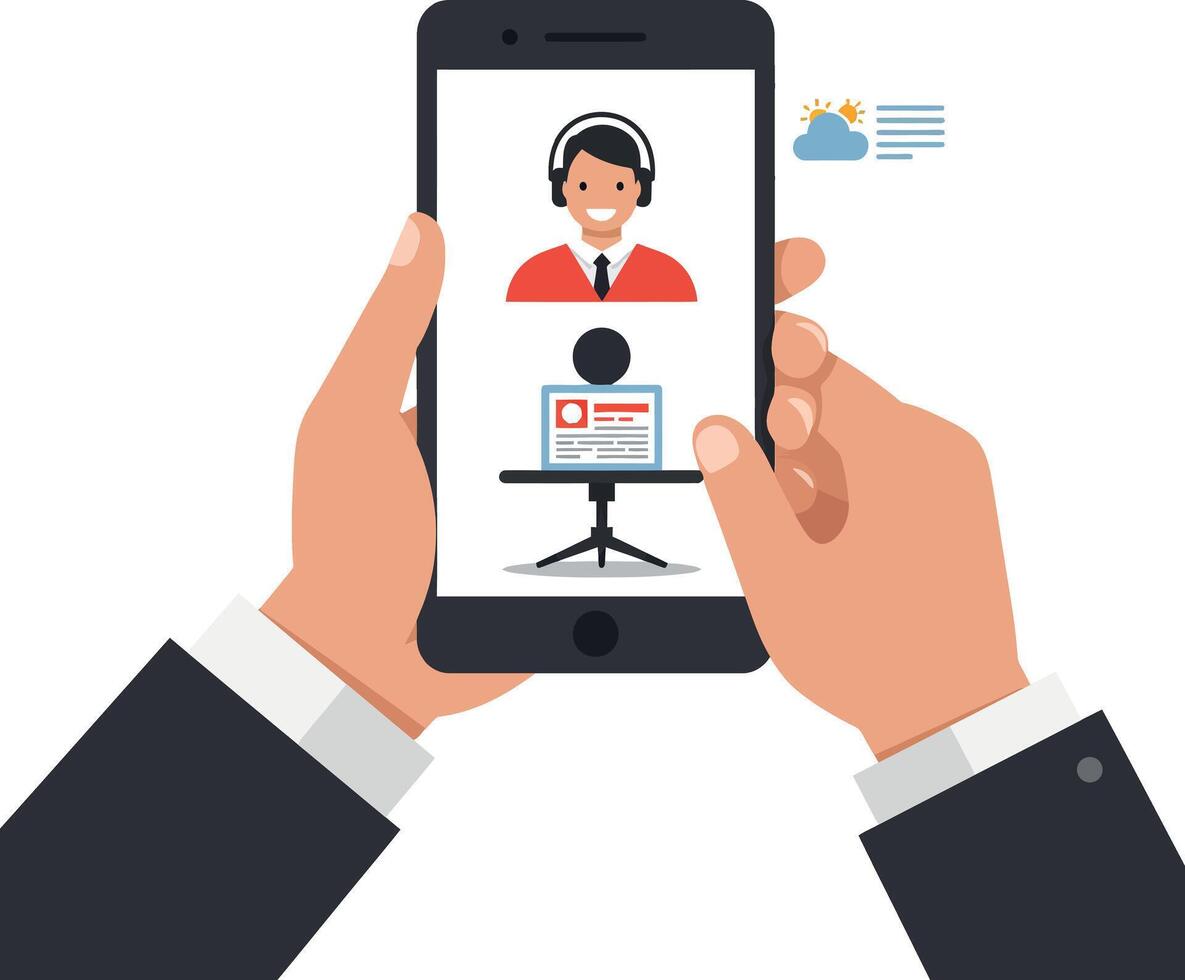 Hands holding smartphone displaying customer service representative flat art vector