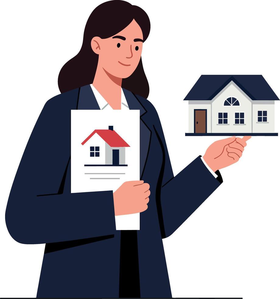 Real estate agent presenting house model in flat illustration vector