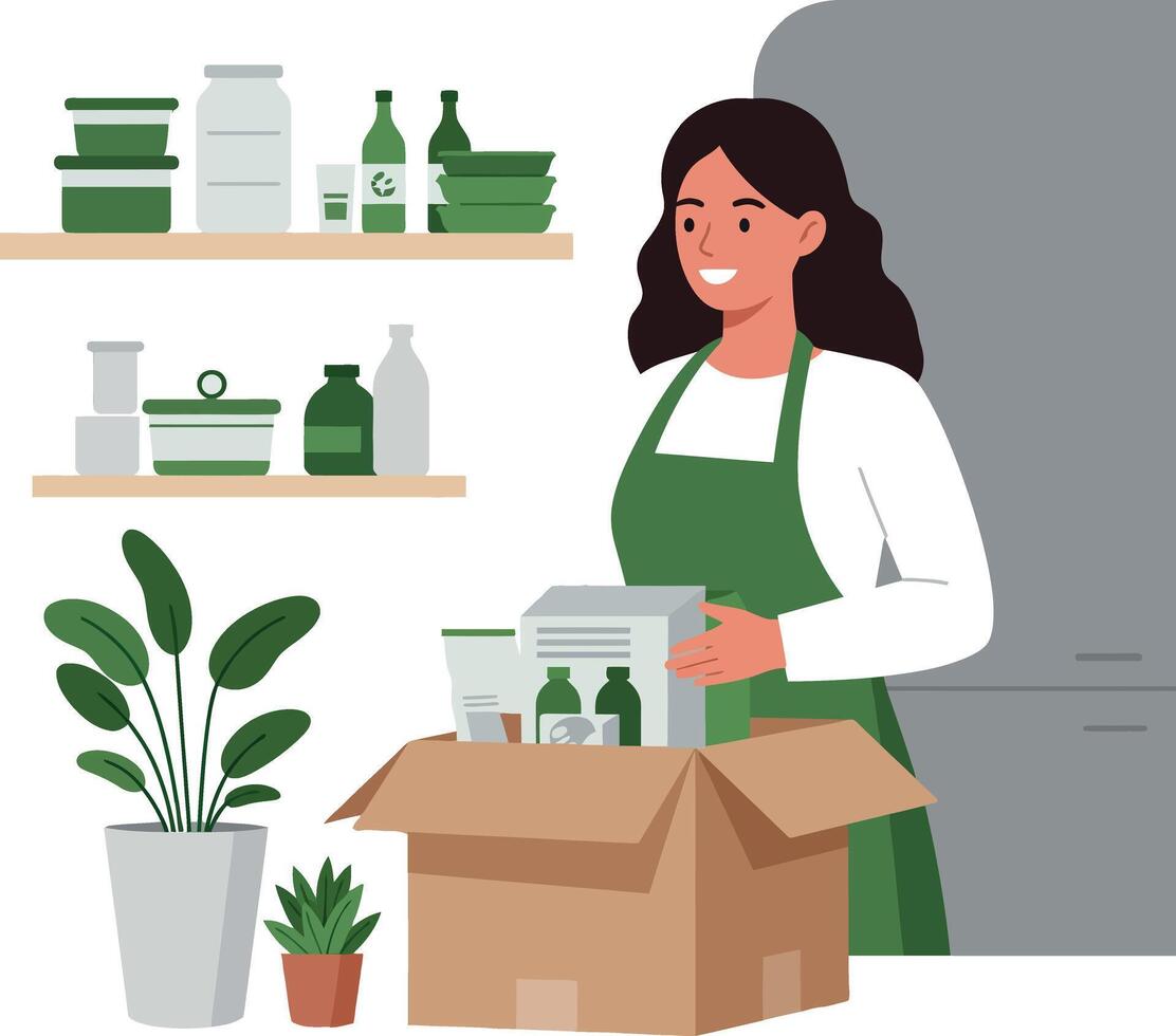 Woman unpacking items from a box in a minimal illustration vector