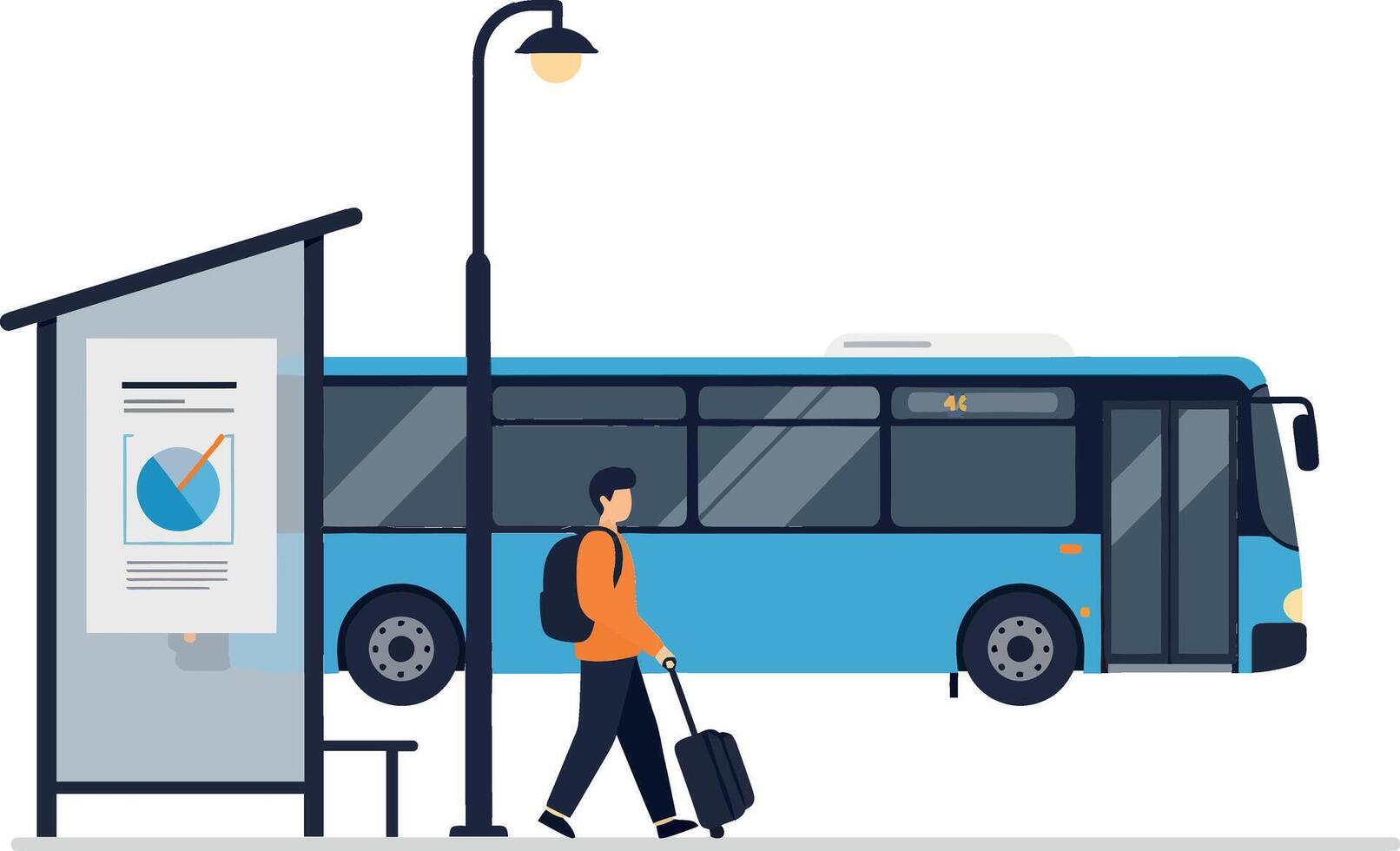 Passenger walking toward bus stop in flat art illustration vector