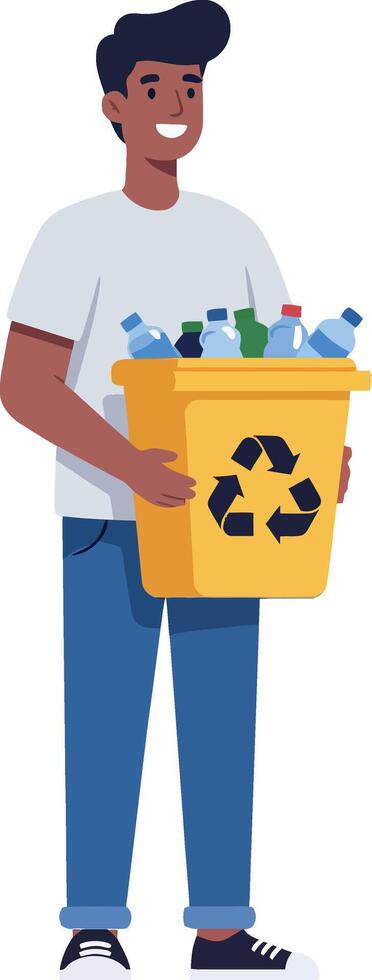 Person holding a recycling bin filled with bottles flat art vector