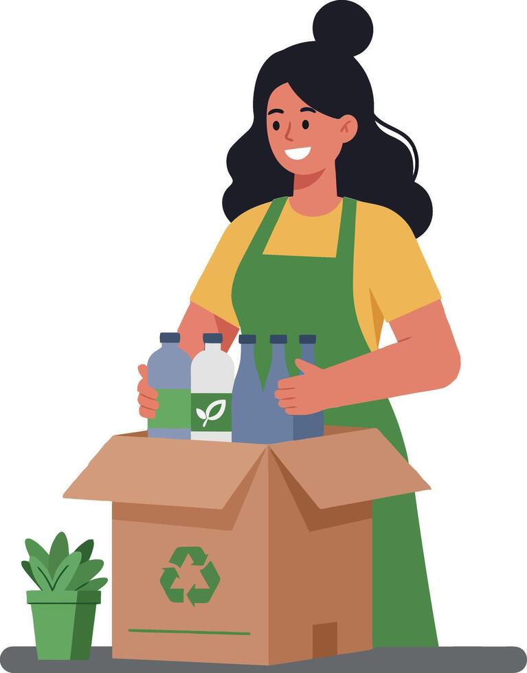 Woman organizing recyclable materials in a flat art style vector