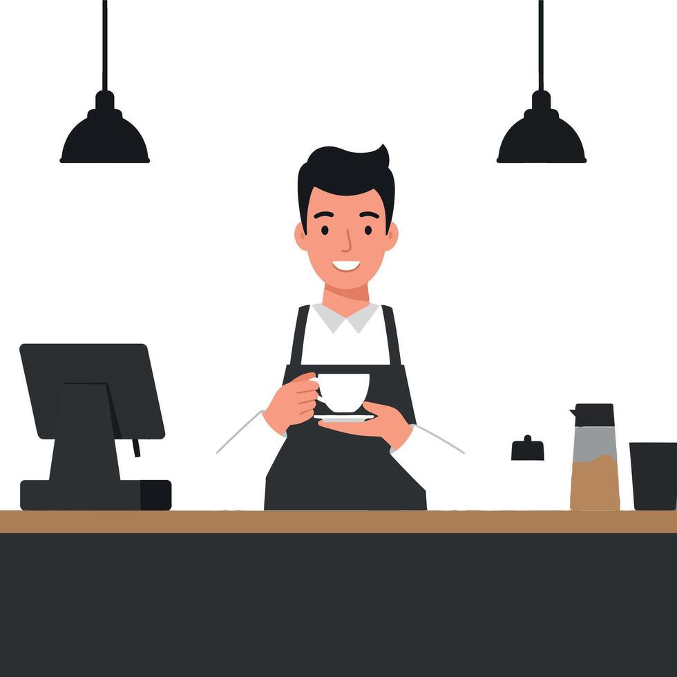 Barista serving coffee at a modern cafe in flat art vector