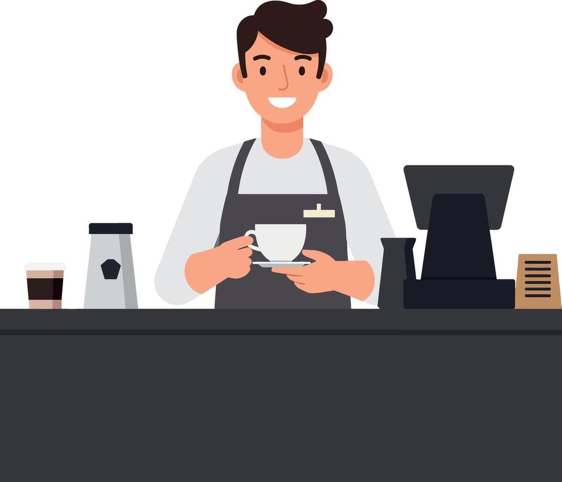 Smiling barista serving coffee at a modern cafe in flat art vector