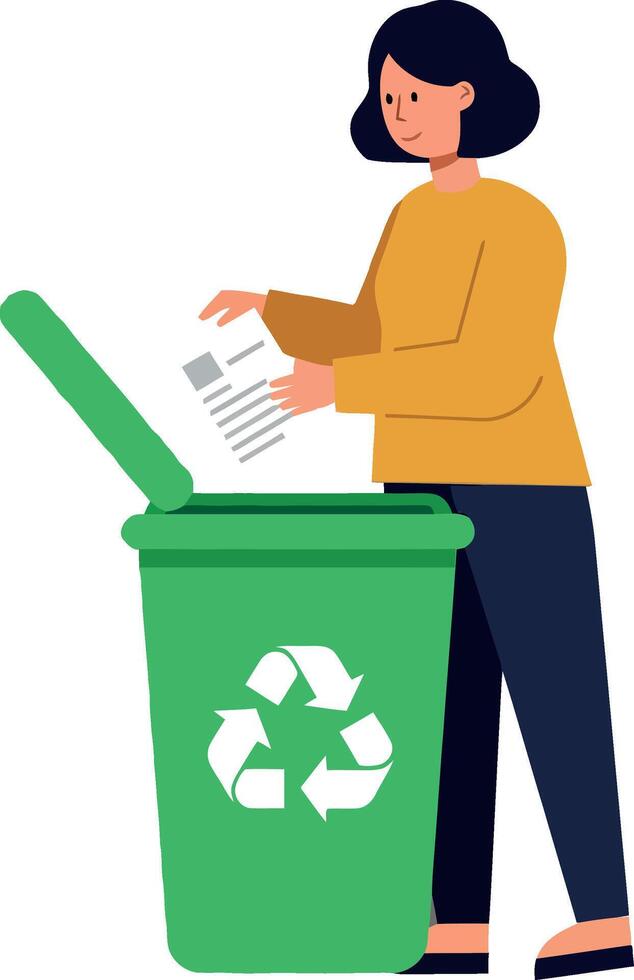 Person recycling paper into green bin with flat design art vector
