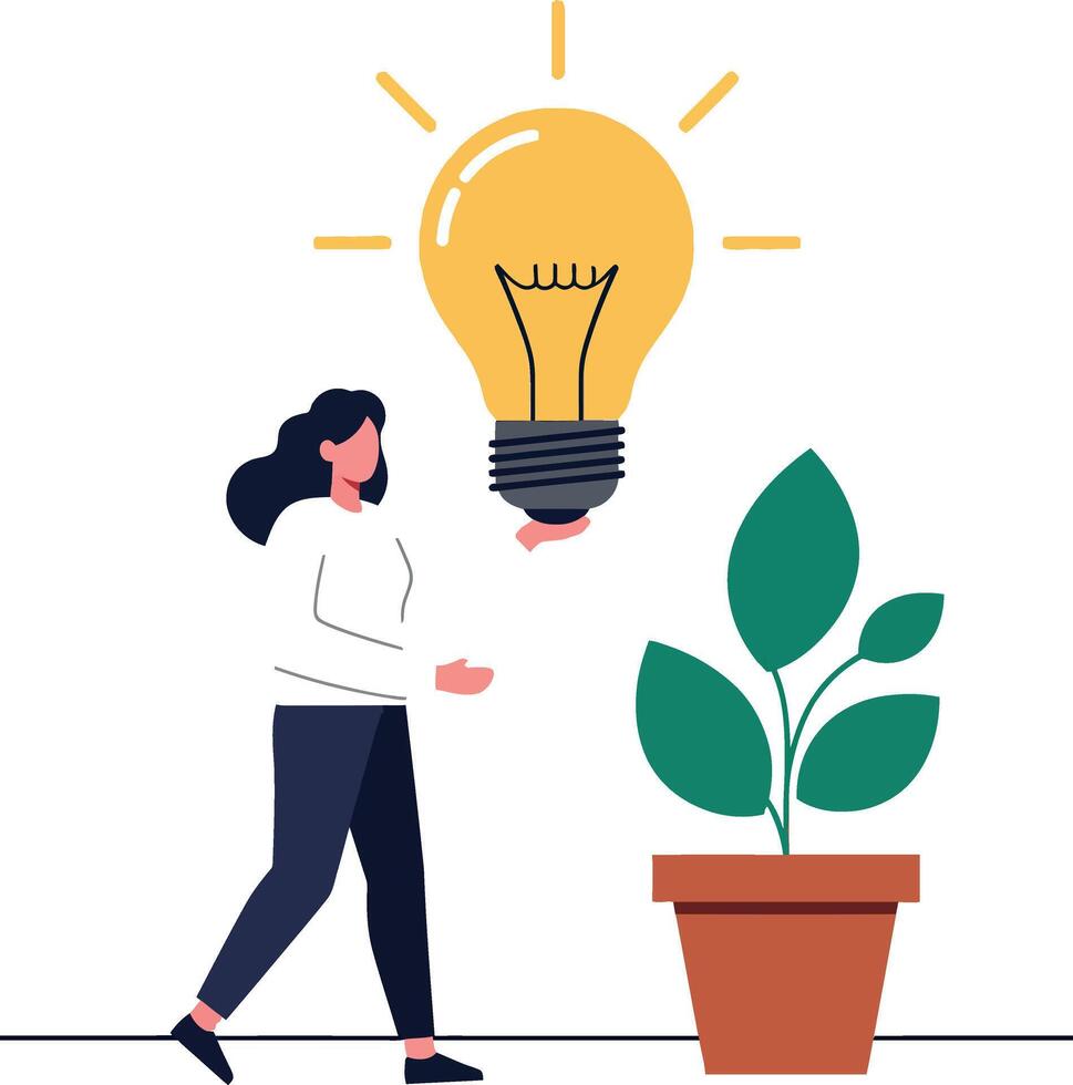 Woman walking towards a plant with a light bulb glowing illustration vector