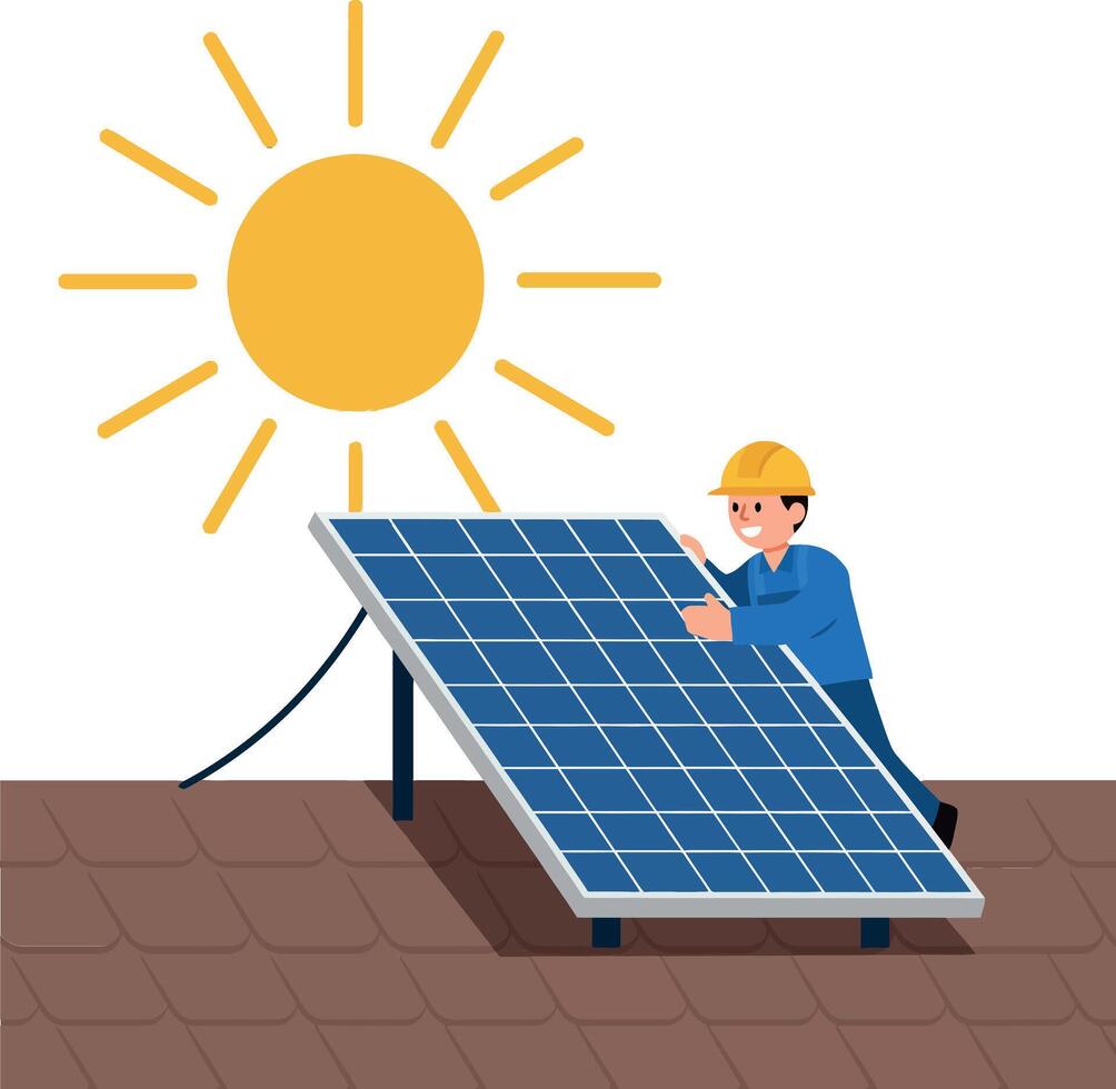 Solar panel installation process with worker under bright sun illustration vector