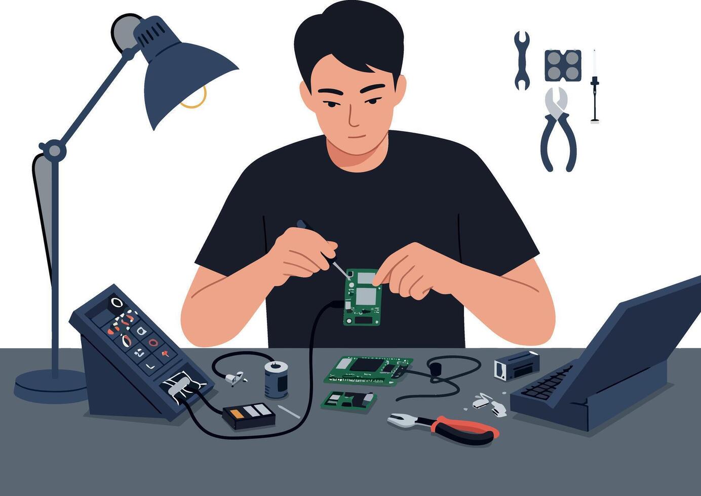 Technician assembling circuit boards in a minimal illustration vector