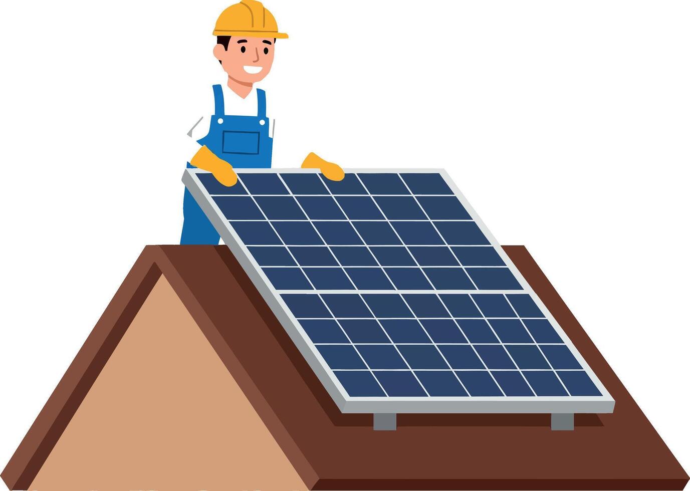 Solar panel installation process with worker on roof flat art vector