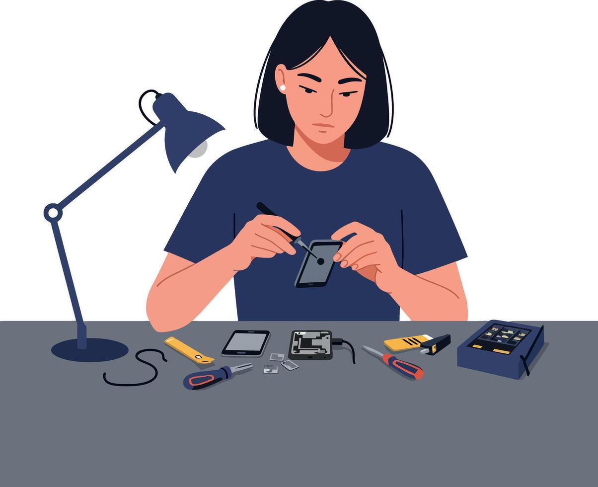 Woman repairing electronic device with tools in flat art vector
