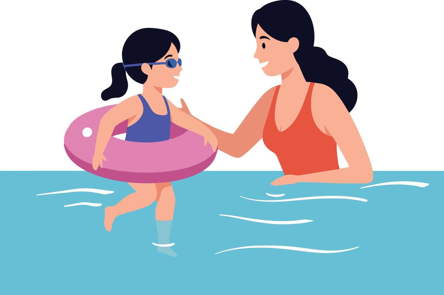 Mother helping daughter learn to swim in flat illustration vector