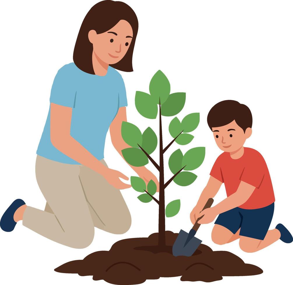 Mother and child planting tree in flat illustration vector
